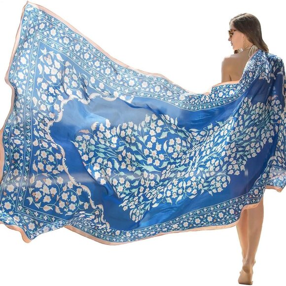100% Mulberry Satin Silk Summer Travel Scarf Extra Large Women Floral Shawl Over